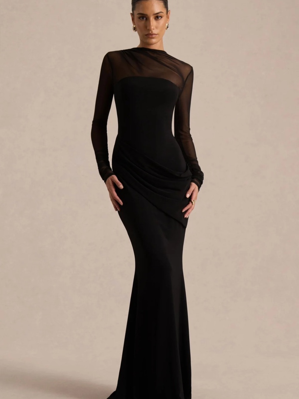 Club L London “Deema” Black Sheer Sleeve  Draped Evening Dress